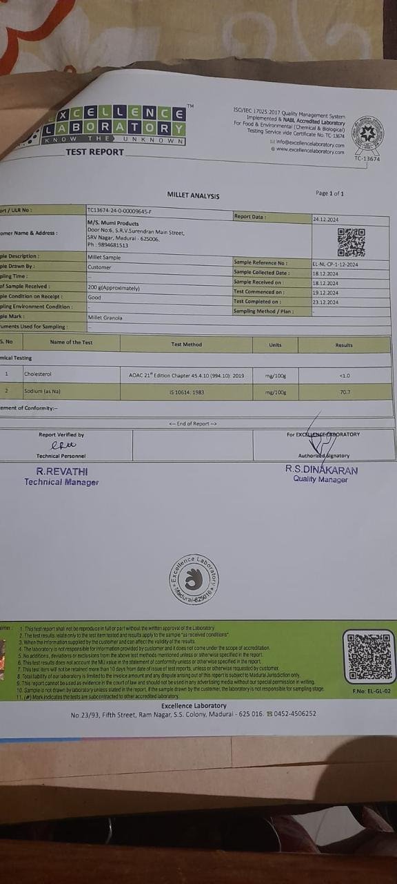 Excellence Laboratory NABL test report Mumi Products Madurai