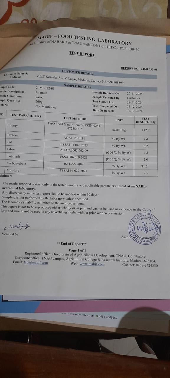 MABIF NABARD TNAU lab test Mumi Products Madurai